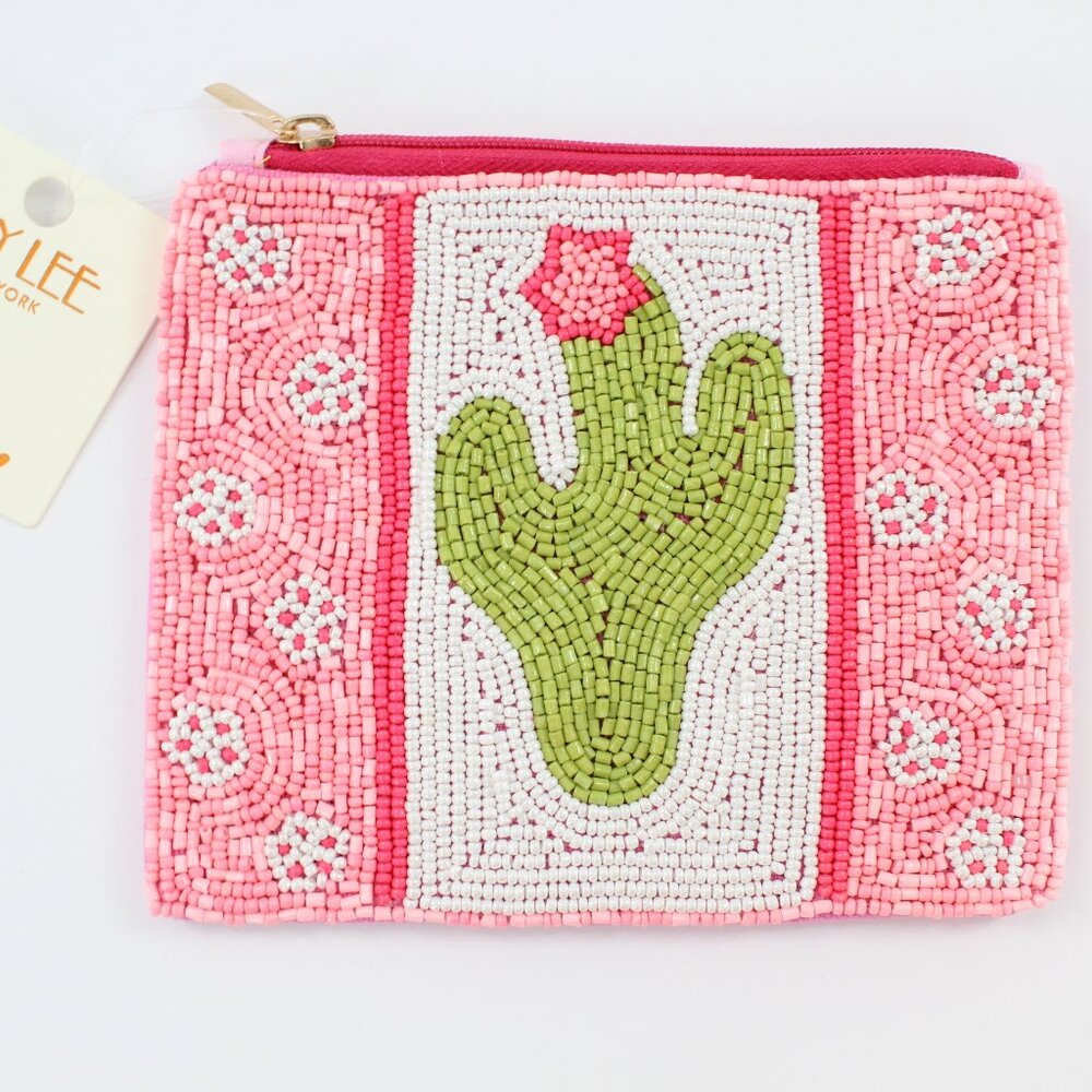 Kay Lee New York Pink Cactus Beaded Coin Purse/Cosmetic Bag NWT Made ❤️ India